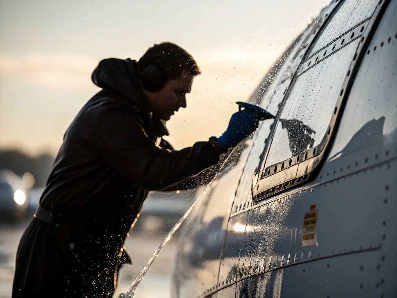 An image of a technician carefully polishing an aircraft fuselage, with a focus on precision and cleanliness. The scene should emphasize the meticulous attention to detail involved in the detailing process.