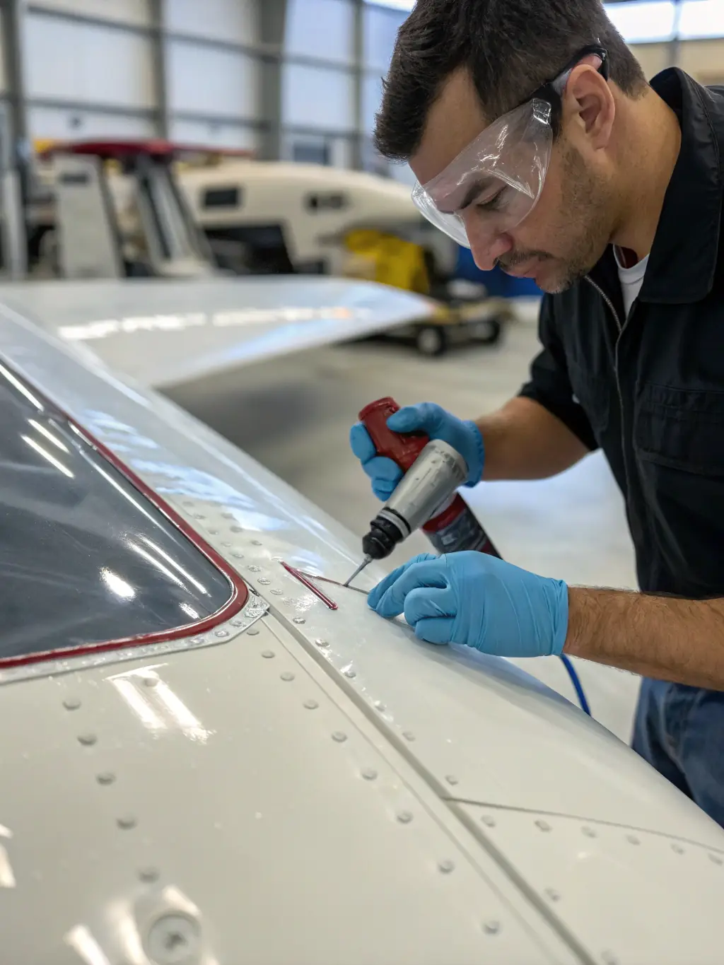 A technician carefully applying ceramic coating to an aircraft surface, wearing protective gear and using specialized equipment, demonstrating the professional application process at Flying High Enterprise.