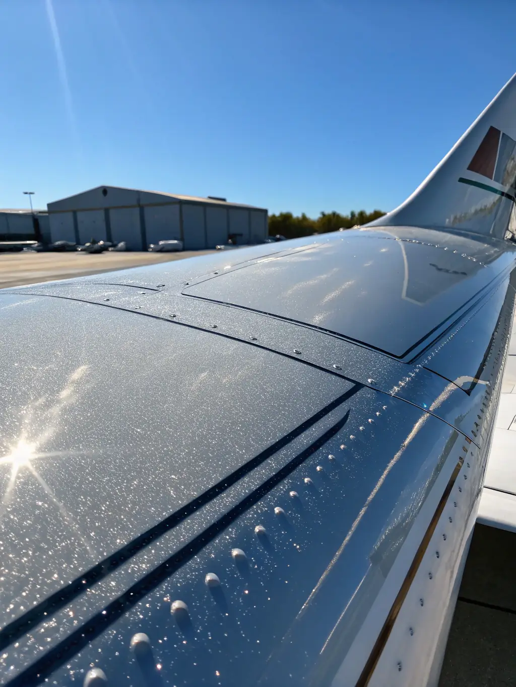 A high-angle, close-up shot of a gleaming aircraft wing after ceramic coating, reflecting the sky with exceptional clarity, emphasizing the hydrophobic properties and mirror-like finish achieved with System X Max G+.